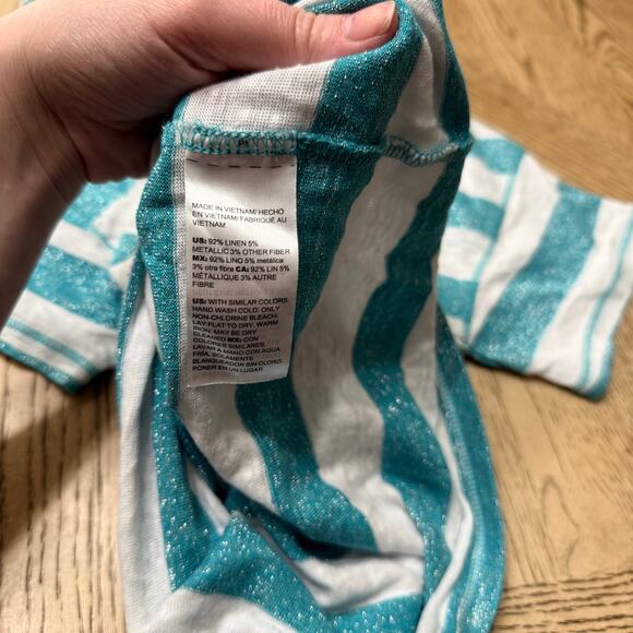 Chico’s Women’s 0 Small Sparkle Teal White Striped Tinsel Tee - Picture 7 of 7